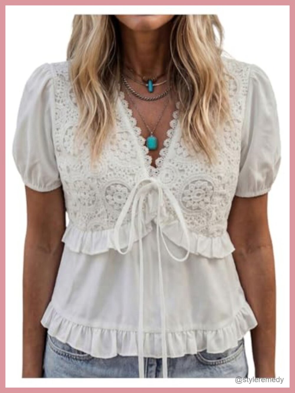 Women's Lace V Neck Peplum Blouse Short Sleeve Ruffle Tie Front Boho Top